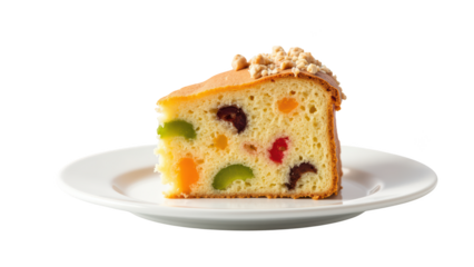 Delicious fruit cake slice with colorful fruits, topped with crunchy nuts, served on white plate, perfect for celebrations and gatherings