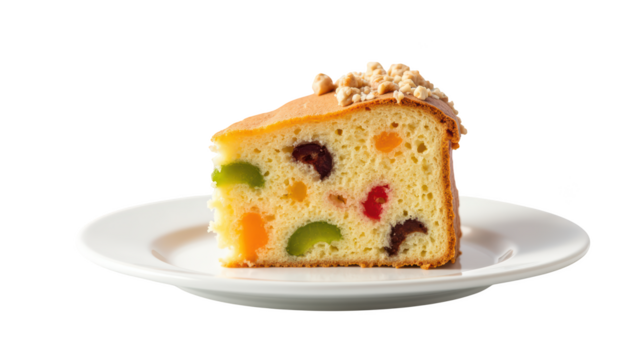 Delicious fruit cake slice with colorful fruits, topped with crunchy nuts, served on white plate, perfect for celebrations and gatherings