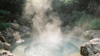 Serene hot spring pool with rising steam, surrounded by rocks and lush greenery
