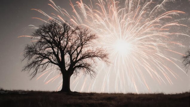Silhouette of a tree against a backdrop of fireworks.