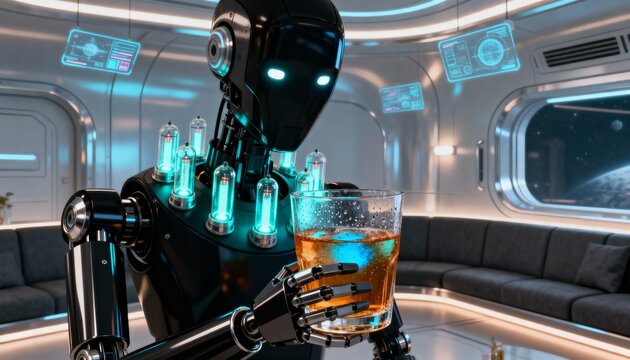 Holding tumbler, black humanoid robot sipping amber liquid in spacecraft lounge, with cyan vials