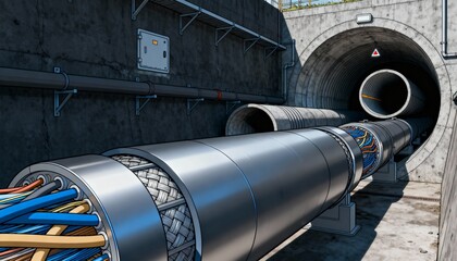 Running segmented conduit through service tunnel, exposing braided shielding and colored cables