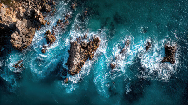 aerial view of rocky coastline with deep blue water and white foam