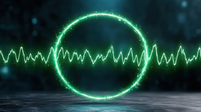 Glowing green pulse oximeter waveform circle with vibrant neon heartbeat energy