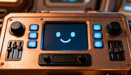 Displaying copper panel in cockpit, showing central blue smiley screen, blue buttons and knobs