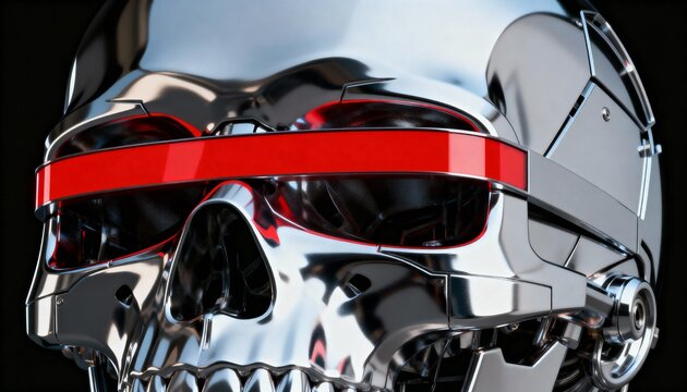 Gleaming chrome robotic skull reflecting dark studio lights, showing red visor band, jaw, bolts - Powered by Adobe