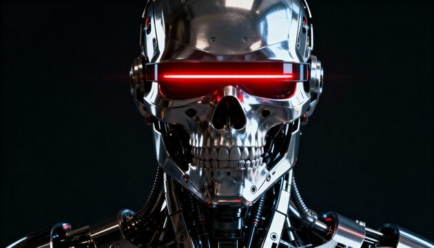 Spotlighting chrome skull head android reflecting shine in studio, with red LED visor and cables