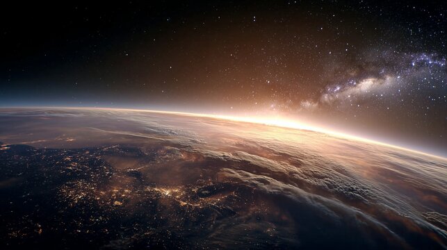 The image presents a breathtaking view of Earth from space, showcasing the planet's curved horizon and illuminated cities. This vibrant scene highlights the beauty of Earth's atmos