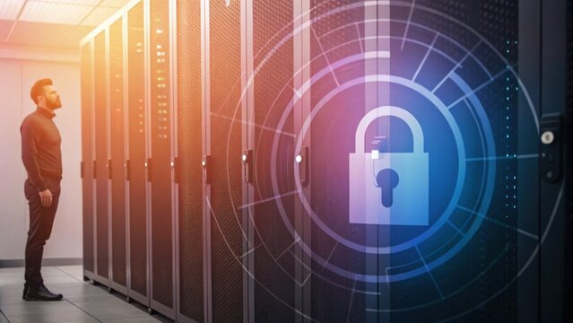 A man stands in front of server racks, contemplating digital security, represented by a lock icon, in a modern data center.