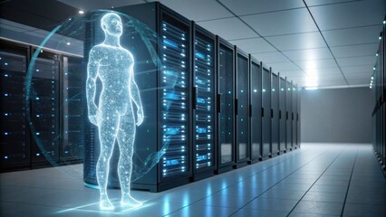 A digital representation of a human figure surrounded by server racks, symbolizing data interaction and technology.