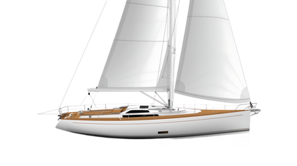 A luxurious white sailing yacht with full sails is depicted isolated on transparent background
