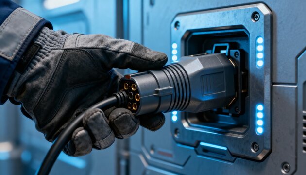 Aligning gloved hand inserting multi-pin plug into panel at charging station, with blue LEDs - Powered by Adobe