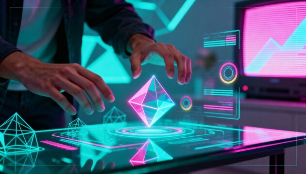 Hovering hands wearing denim jacket moving faceted hologram above glossy touch table in dark lab - Powered by Adobe