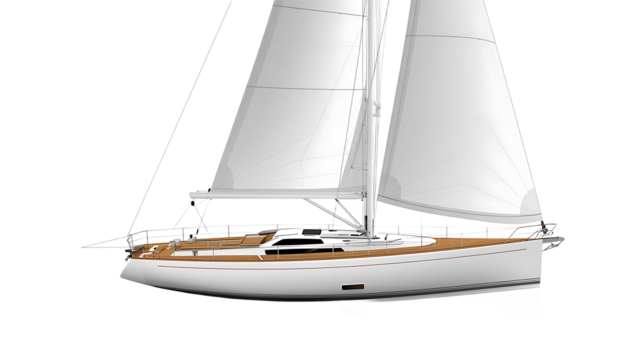 A luxurious white sailing yacht with full sails is depicted isolated on transparent background