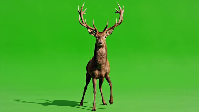 A male deer joyfully dancing on a bright green screen background.
