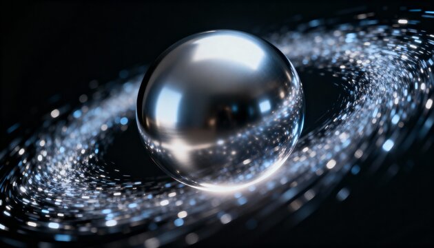 Hovering large metallic sphere mirroring highlights in studio scene, with spiral particle lights - Powered by Adobe