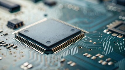 A close-up view of a microchip on a circuit board, showcasing intricate details of electronic components and connections.