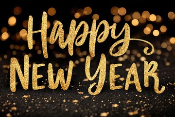 Golden glitter text saying Happy New Year on a dark background with sparkling lights. Celebratory theme for New Year festivities.