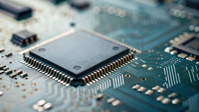 A close-up view of a microchip on a circuit board, showcasing intricate details of electronic components and connections.