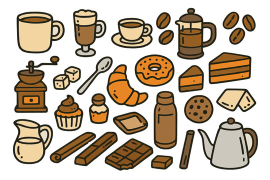 Cartoon drawing of various food items and drinks, including coffee, donuts