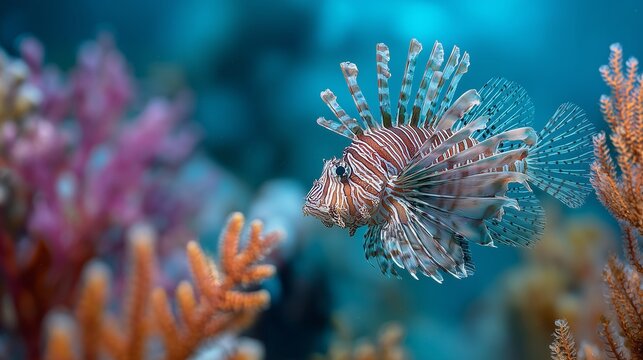 A lionfish with striking patterns swims gracefully amid colorful coral formations. The lionfish's elegant fins expand as it navigates the vibrant reef environment.