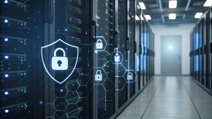 A high-tech server room featuring rows of servers, enhanced with digital lock icons, symbolizing cybersecurity and data protection.