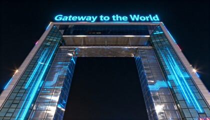 Glowing gateway arch towering in urban night, showing Gateway to World sign, LED circuitry