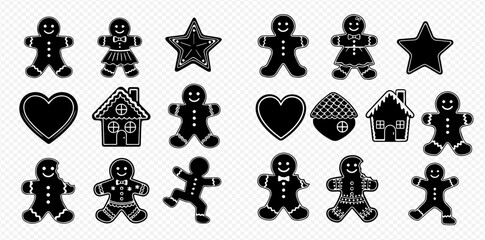 Collection of black silhouette gingerbread cookies, men, women, stars, hearts, and houses, perfect for Christmas and holiday designs.
