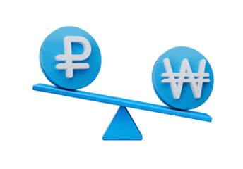 3d White Ruble And Won Symbol On Rounded Blue Icons With 3d Balance Weight Seesaw, 3d illustration