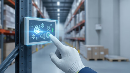 Cold chain logistics warehouse logistic temperature control smart panel being touched by gloved hand ensuring frozen goods safety and efficient