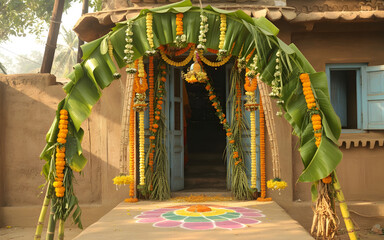 Traditional Pongal Harvest Festival Backdrop at Rural Indian Home Entrance with Banana Leaves, Sugarcane and Marigold Garlands