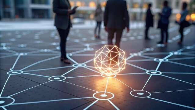 A futuristic scene showing people standing on a digital network floor with a glowing geometric shape at the center, symbolizing connectivity and technology. - Powered by Adobe