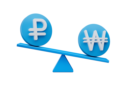 3d White Ruble And Won Symbol On Rounded Blue Icons With 3d Balance Weight Seesaw, 3d illustration