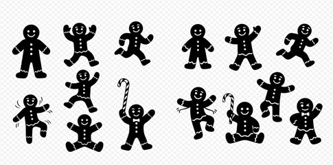 Collection of black silhouette gingerbread men in various poses, some holding candy canes, on a transparent background.