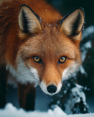 Naklejka premium Red fox explores a snowy forest landscape with keen eyes and a distinct snout