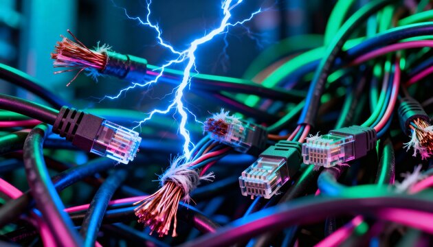 Sparking tangled network cables throwing electric sparks in network closet, with RJ45 plugs exposed