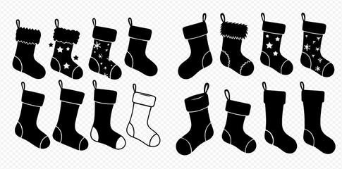 Set of black Christmas stocking silhouettes featuring various designs including stars, plain styles, and an outline, perfect for holiday decorations.