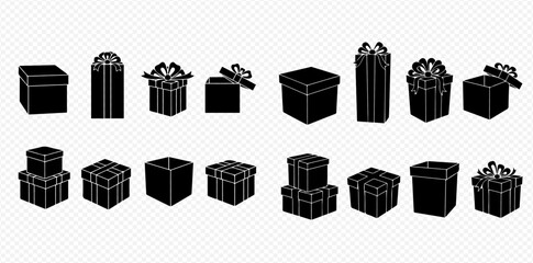 A collection of black silhouette gift boxes in various shapes and configurations, including closed, open, and stacked presents with bows, against a transparent background.