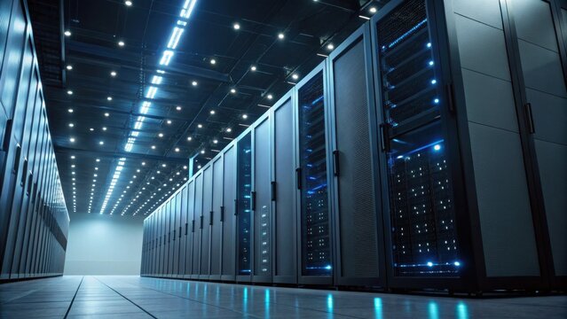 A modern data center featuring rows of servers illuminated by blue lights in a sleek, high-tech environment.