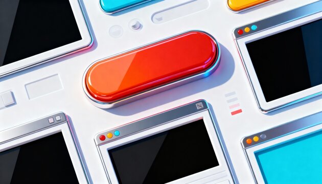 Floating glossy red pill button on white mock plane, showing metal frames, control dots, cyan pills