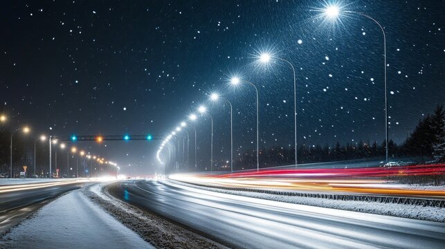 A snowy highway at night with cars creating enchanting light trails across the winter cityscape.