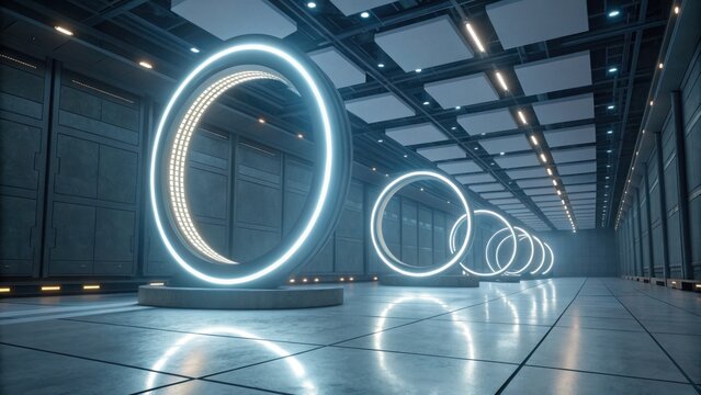 A futuristic corridor featuring illuminated circular portals, set against sleek gray walls and a high-tech ceiling.