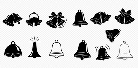 A collection of black and white bell icons in various styles, including single, paired, ringing, and decorative bells with bows, suitable for notifications, celebrations, or holiday themes.