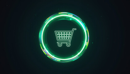 Digital Shopping Cart: A sleek digital shopping cart icon glows with vibrant neon light, symbolizing the convenience of online shopping.