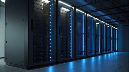 A high-tech server room featuring rows of illuminated server racks, showcasing advanced technology and data storage capabilities.