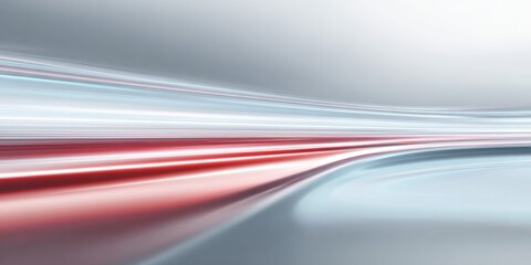 Abstract depiction of dynamic motion with converging light streaks of red and white against a light gray background