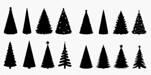 Obraz premium Diverse collection of Christmas tree silhouettes, featuring various shapes, some decorated with lights and stars.