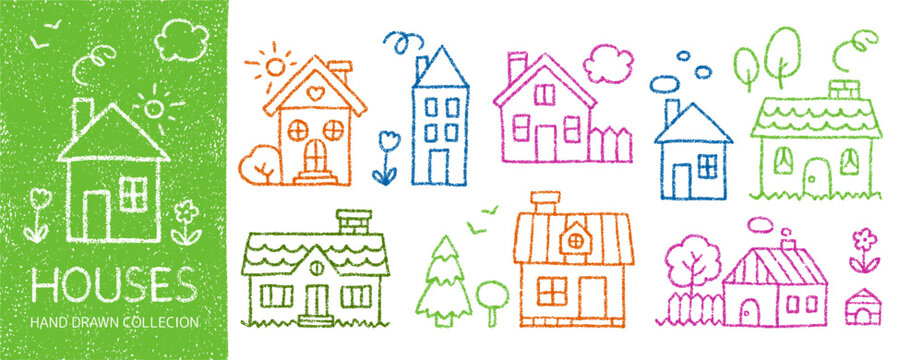 Childlike crayon drawing of cute houses with flowers and trees. Pastel sketch of home and garden elements. Color doodle farm or village buildings, cottages with chalk texture, vector illustration