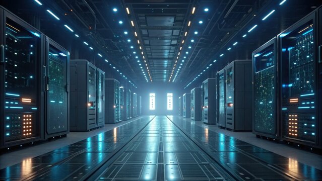 A futuristic data center corridor lined with towering server racks, illuminated by ambient blue lights, showcasing advanced technology and digital infrastructure.