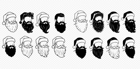 A collection of various beard and mustache styles, some with Santa hats, in both outline and solid black designs.